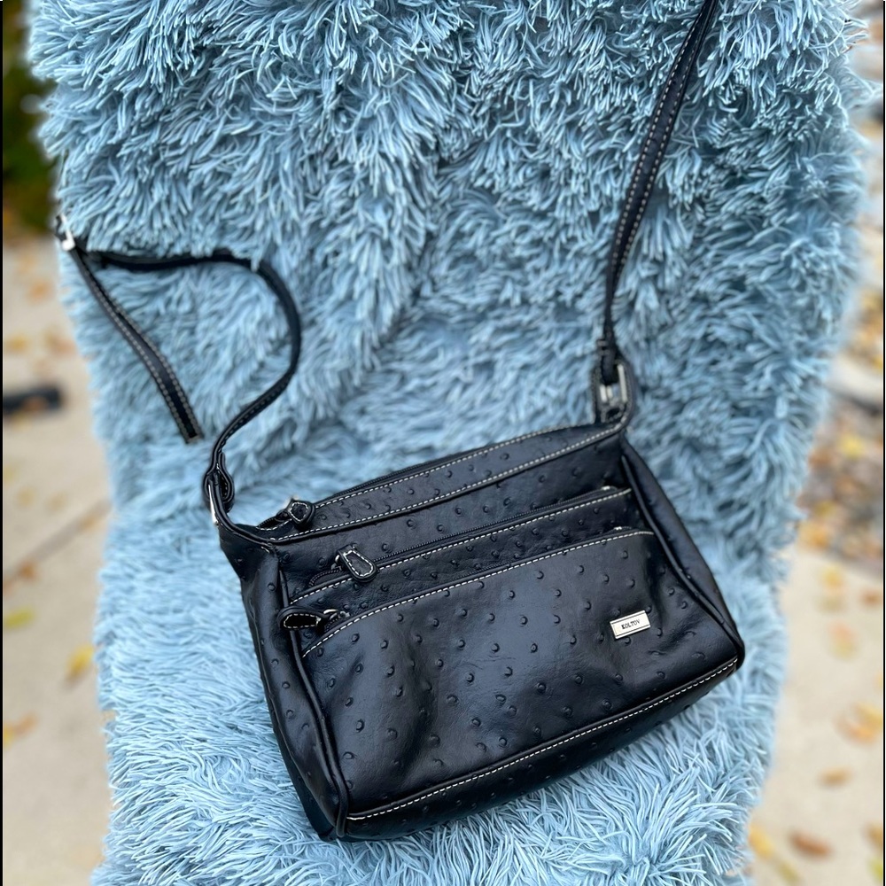 Koltov Crossbody Purse Black Astridge Pattern Adjustable Strap Silver Tone